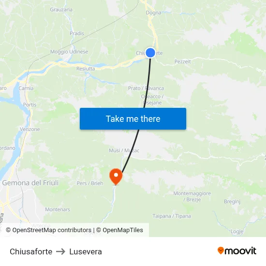 Chiusaforte to Lusevera map