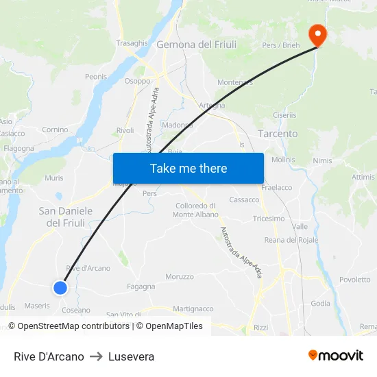 Rive D'Arcano to Lusevera map