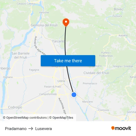 Pradamano to Lusevera map