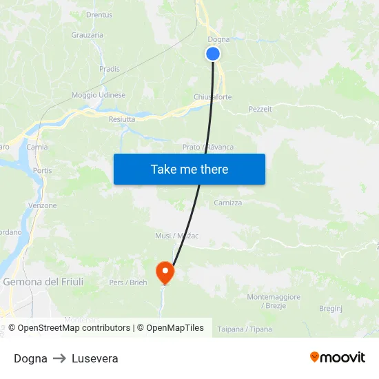 Dogna to Lusevera map