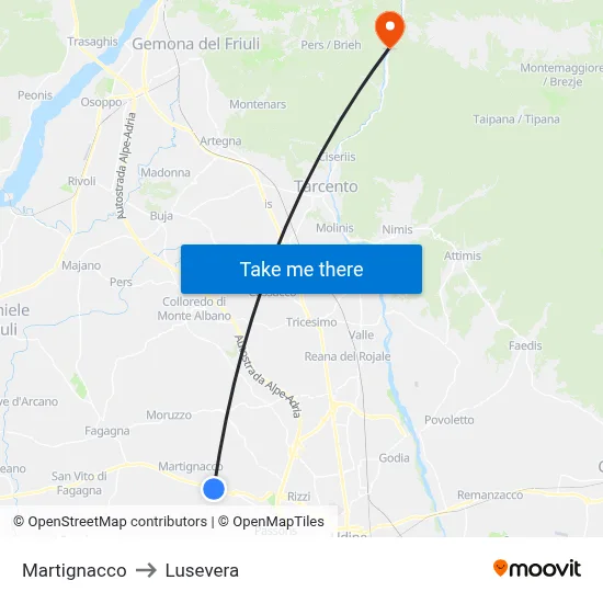Martignacco to Lusevera map