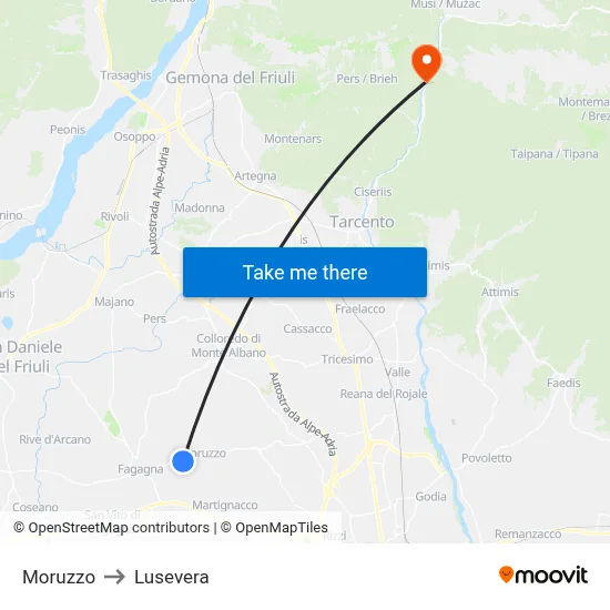 Moruzzo to Lusevera map