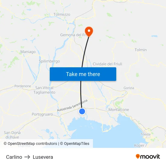 Carlino to Lusevera map