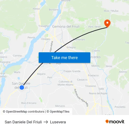 San Daniele del Friuli to Lusevera map