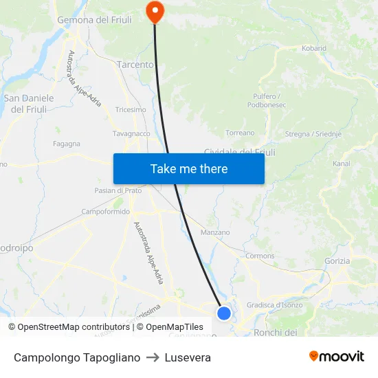 Campolongo Tapogliano to Lusevera map