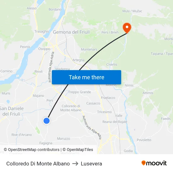 Colloredo di Monte Albano to Lusevera map