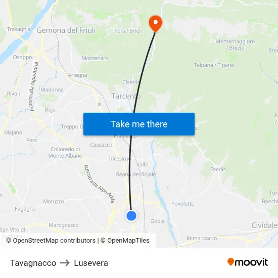 Tavagnacco to Lusevera map