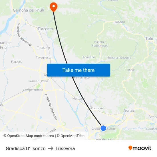 Gradisca D' Isonzo to Lusevera map