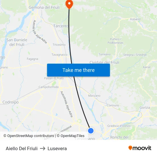 Aiello Del Friuli to Lusevera map