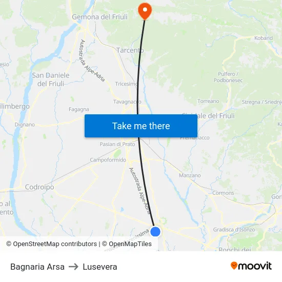 Bagnaria Arsa to Lusevera map