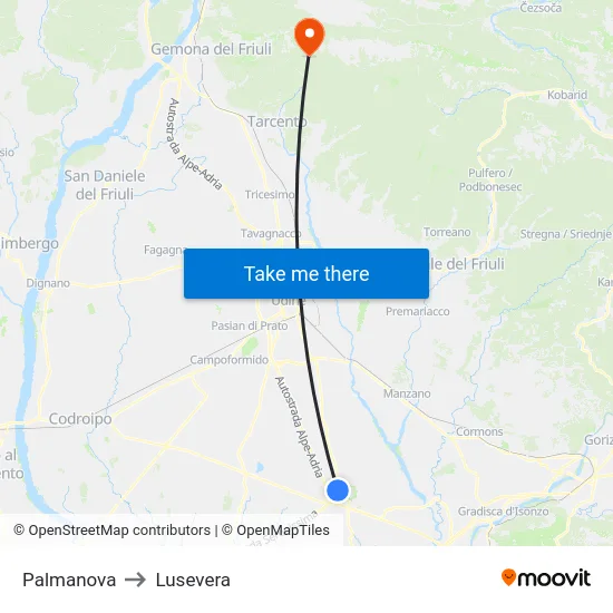 Palmanova to Lusevera map