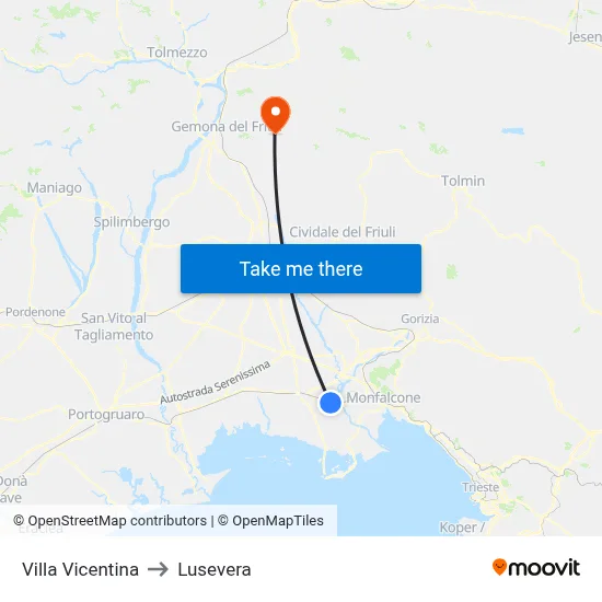 Villa Vicentina to Lusevera map