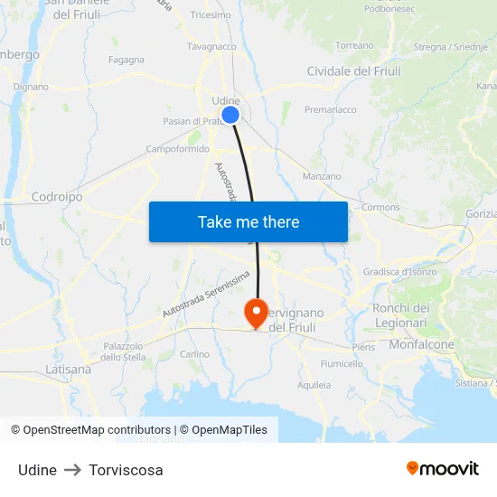 Udine to Torviscosa map