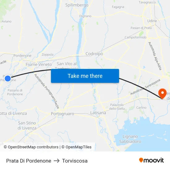 Prata di Pordenone to Torviscosa map