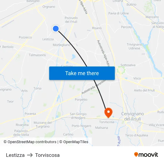 Lestizza to Torviscosa map