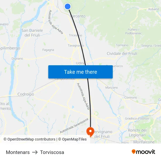 Montenars to Torviscosa map