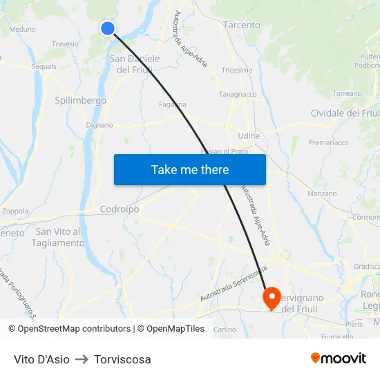 Vito d'Asio to Torviscosa map