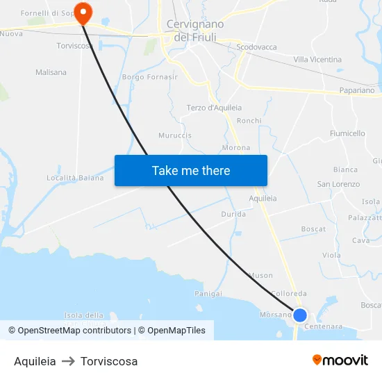 Aquileia to Torviscosa map