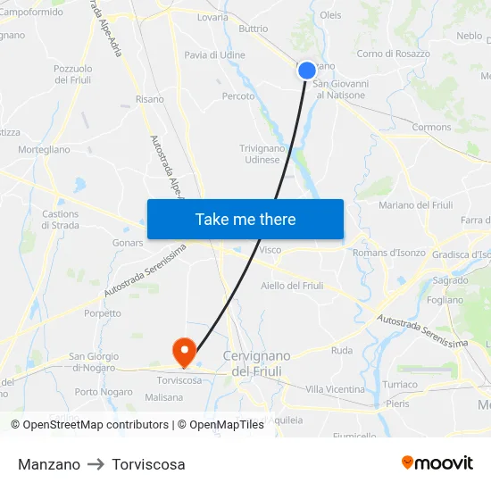 Manzano to Torviscosa map