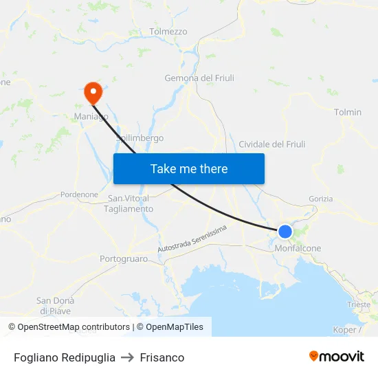 Fogliano Redipuglia to Frisanco map