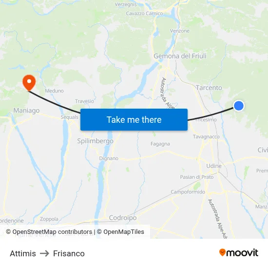 Attimis to Frisanco map