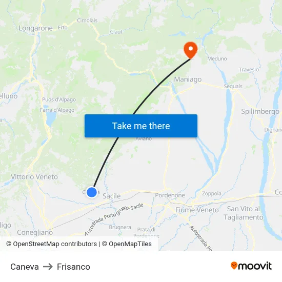 Caneva to Frisanco map