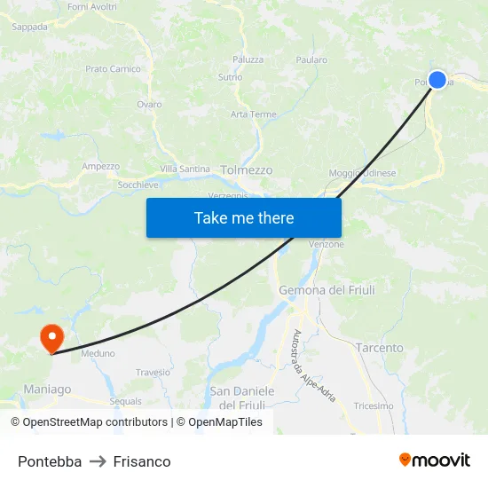 Pontebba to Frisanco map