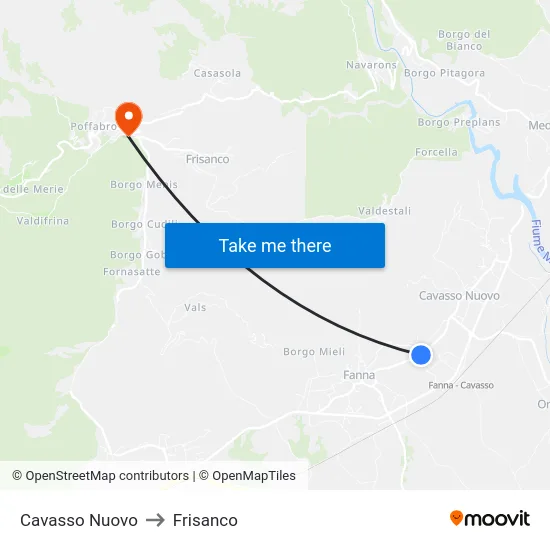 Cavasso Nuovo to Frisanco map