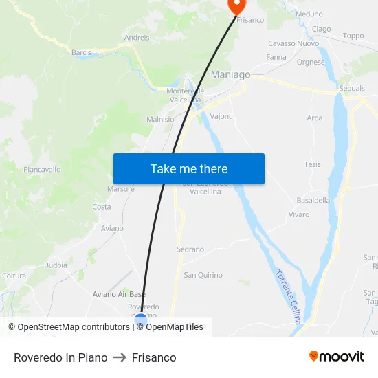 Roveredo In Piano to Frisanco map