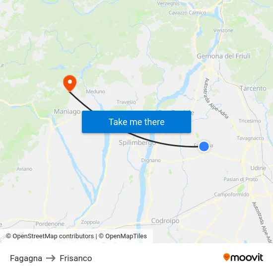 Fagagna to Frisanco map
