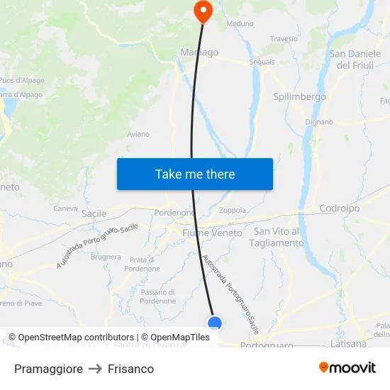 Pramaggiore to Frisanco map