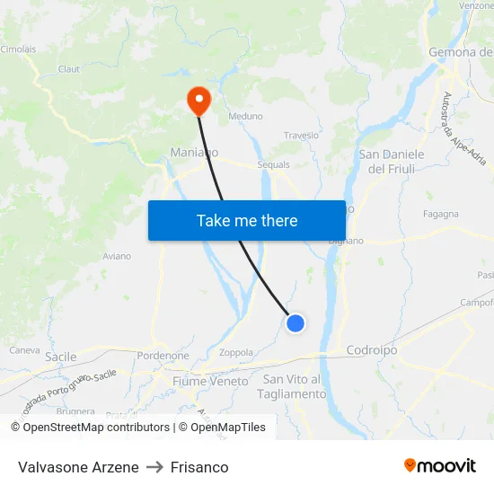 Valvasone Arzene to Frisanco map