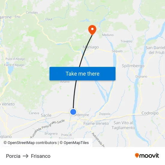 Porcia to Frisanco map