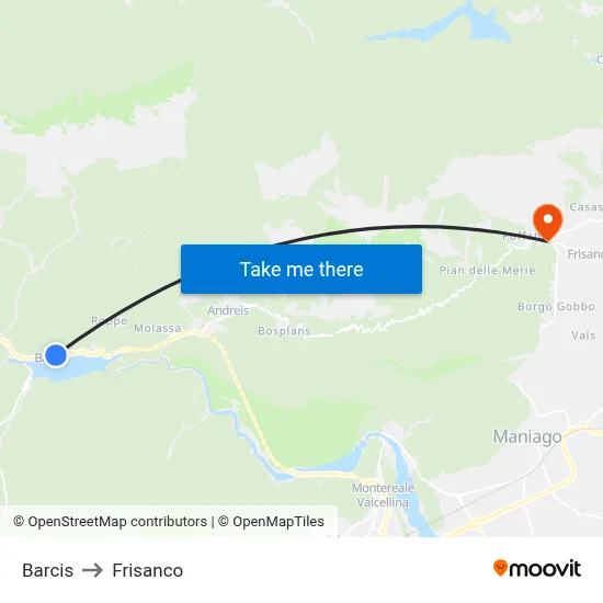 Barcis to Frisanco map