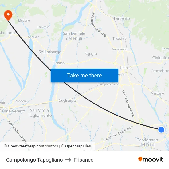 Campolongo Tapogliano to Frisanco map