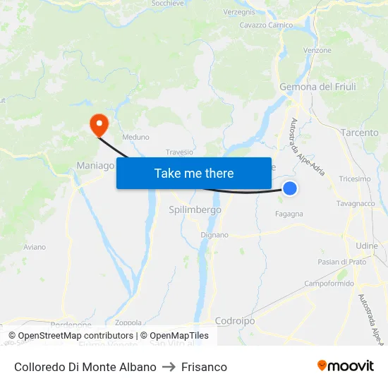 Colloredo Di Monte Albano to Frisanco map