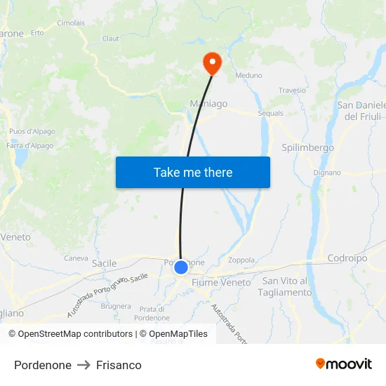 Pordenone to Frisanco map