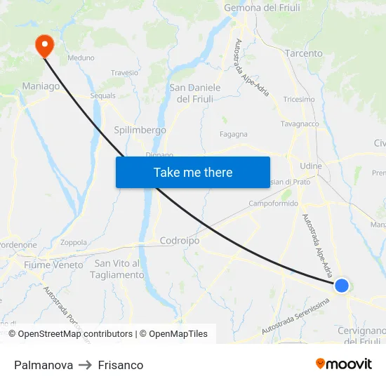 Palmanova to Frisanco map