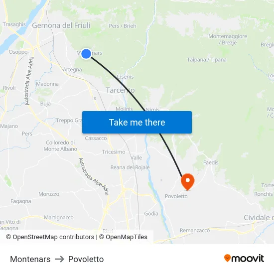 Montenars to Povoletto map