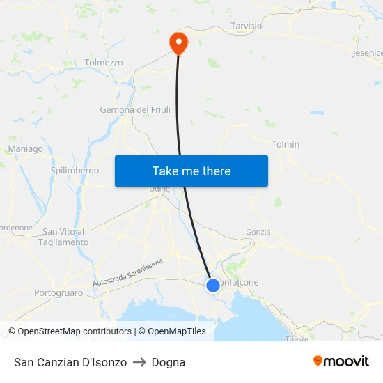 San Canzian d'Isonzo to Dogna map