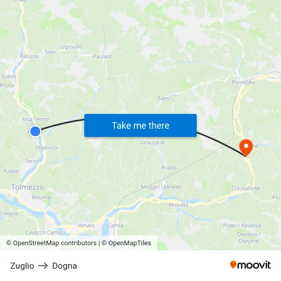 Zuglio to Dogna map