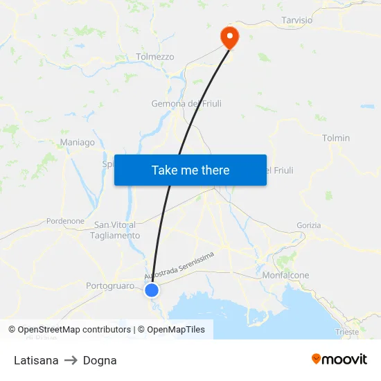 Latisana to Dogna map