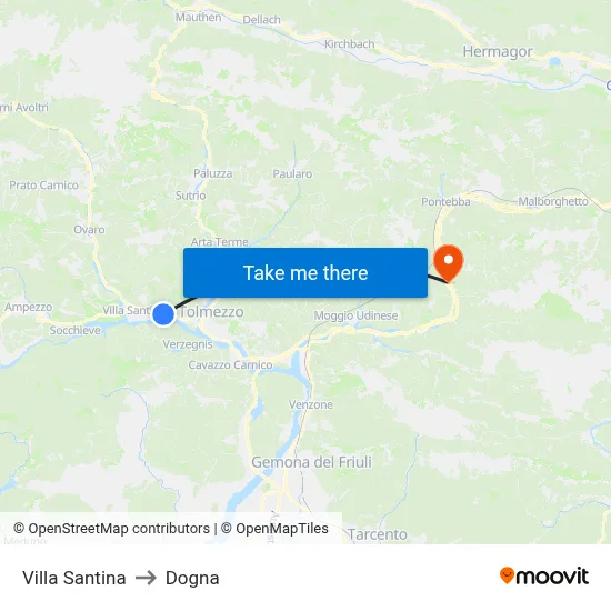 Villa Santina to Dogna map