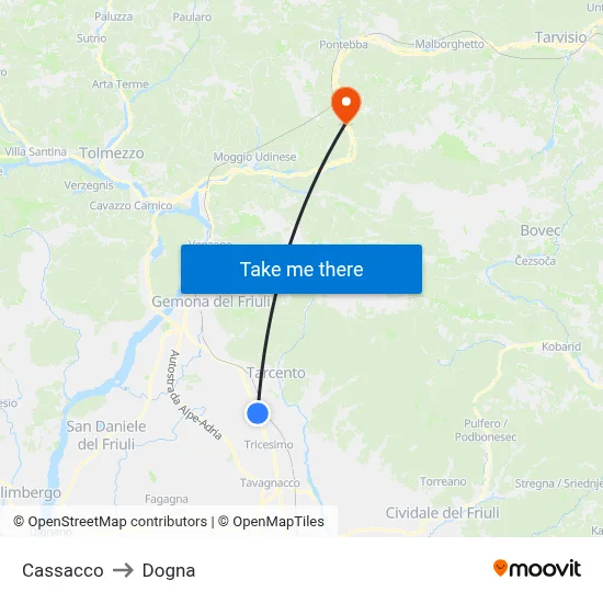 Cassacco to Dogna map