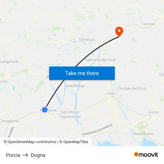 Porcia to Dogna map