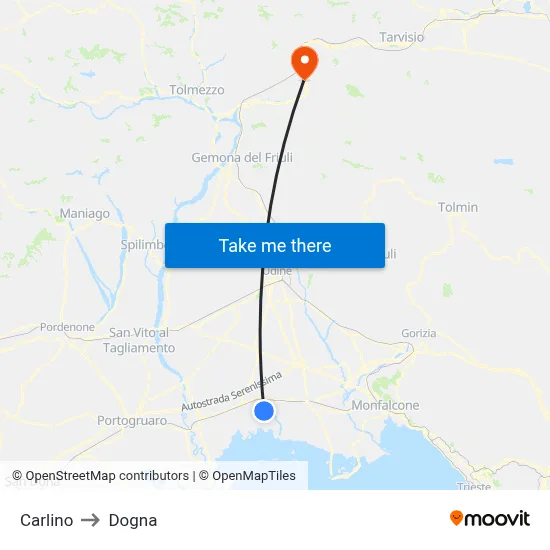 Carlino to Dogna map