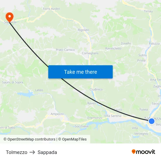 Tolmezzo to Sappada map