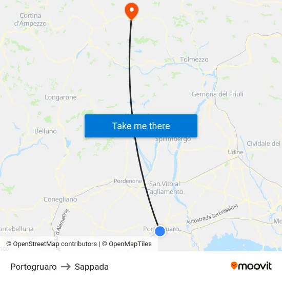 Portogruaro to Sappada map