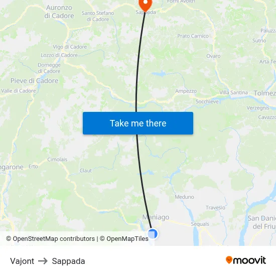 Vajont to Sappada map