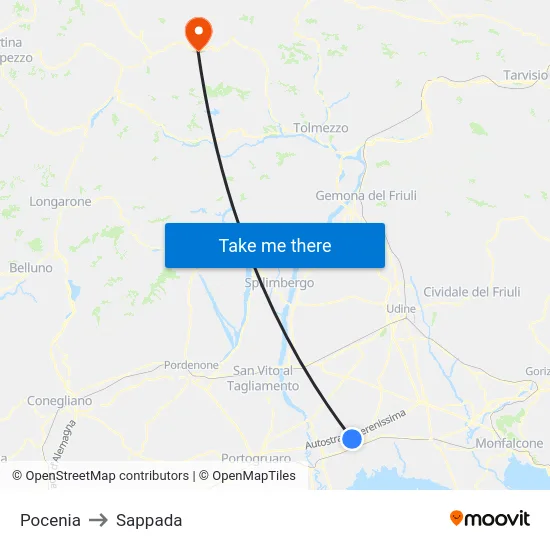 Pocenia to Sappada map